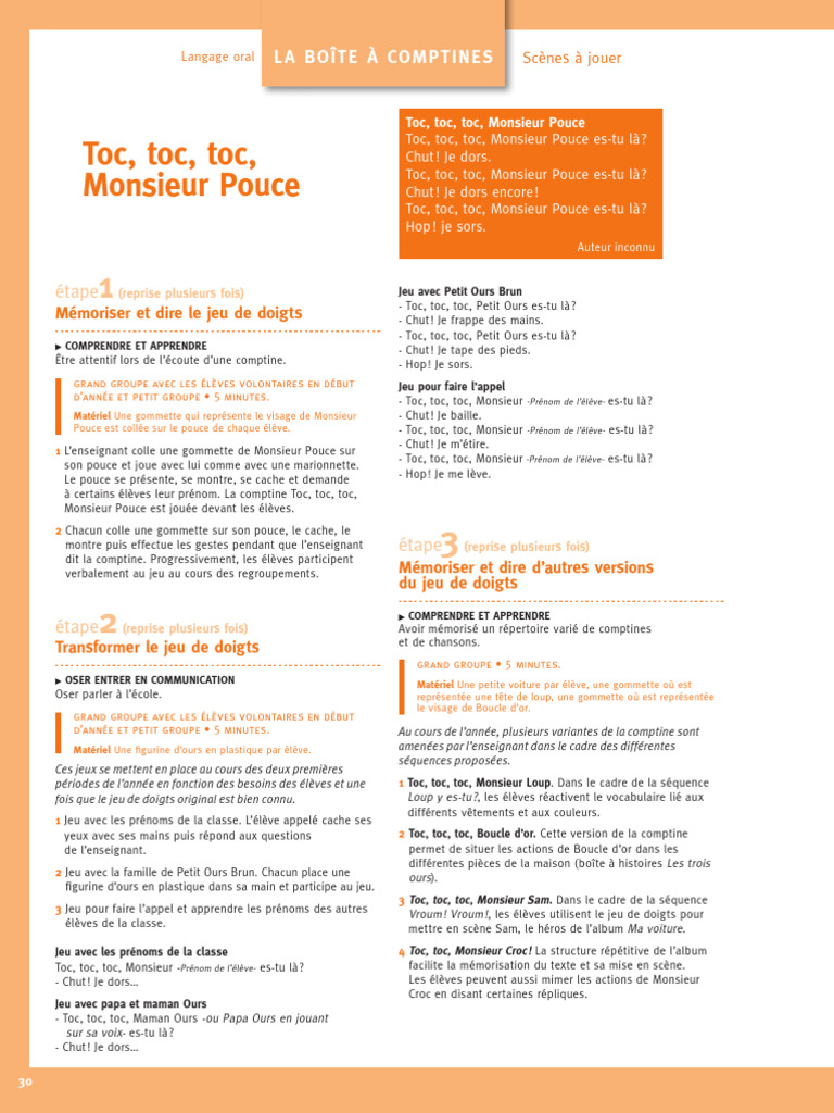 Comptines et jeux avec Monsieur Pouce | PDF | Arts du langage et ...