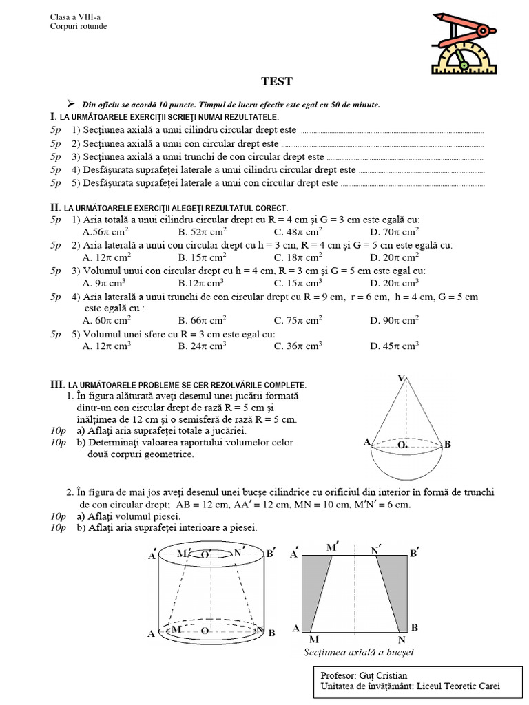 Corpuri Rotunde - Cls VIII - Test de Evaluare Formativa | PDF