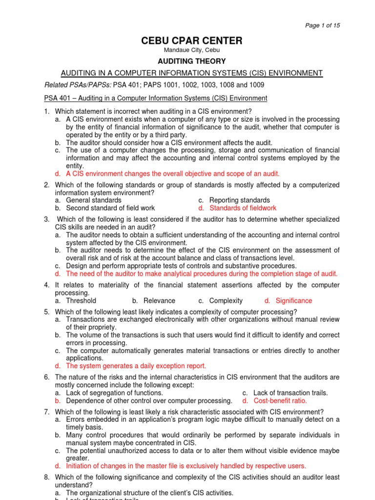 Cebu Cpar Center: Auditing in A Computer Information Systems (Cis ...