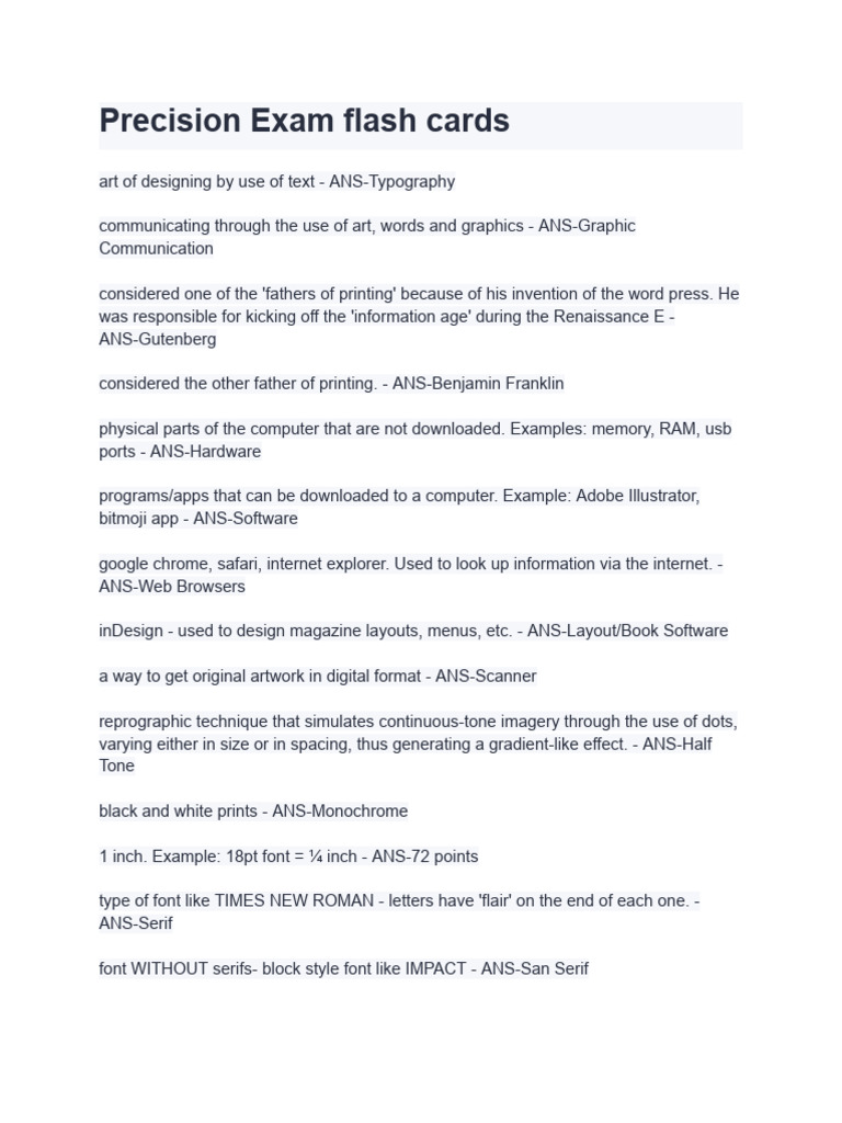 Precision Exam Flash Cards PDF Typefaces Graphic Design