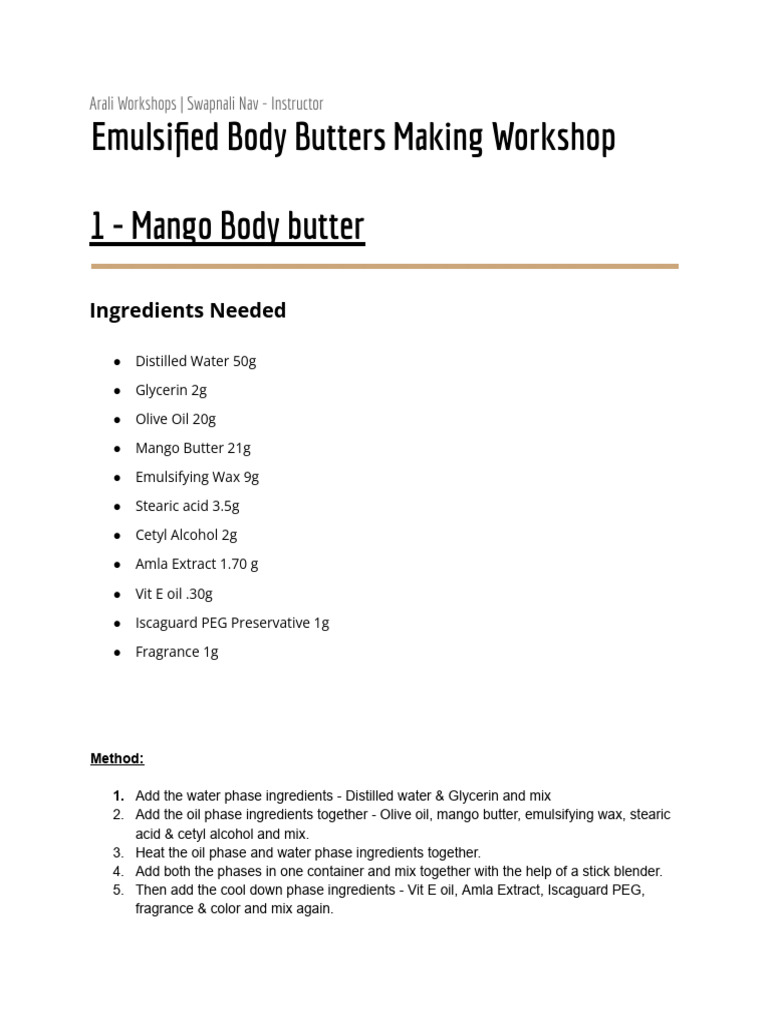 Emulsified Body Butter Workshop Guide | PDF | Wellness