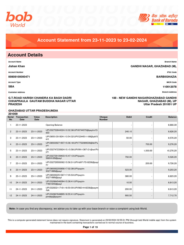 Bank of Baroda Account Statement | PDF | Debits And Credits | Business
