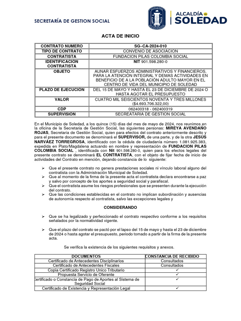 Acta de Inicio del Contrato SG-CA-2024-010 | PDF | Gobierno