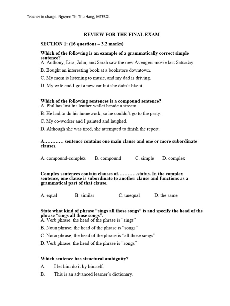Review For The Final Exam | PDF | Phrase | Grammar