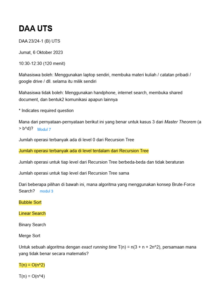 Ujian Tengah Semester DAA 2023/2024 | PDF