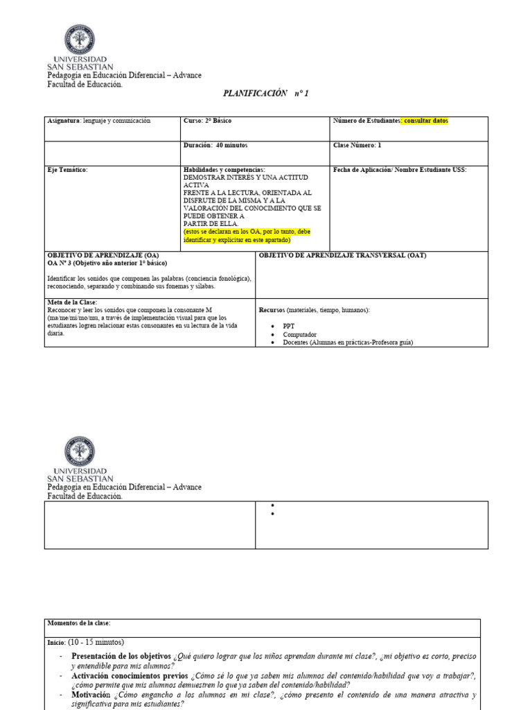 Formato Planificación de Clase | PDF | Maestros | Educación especial