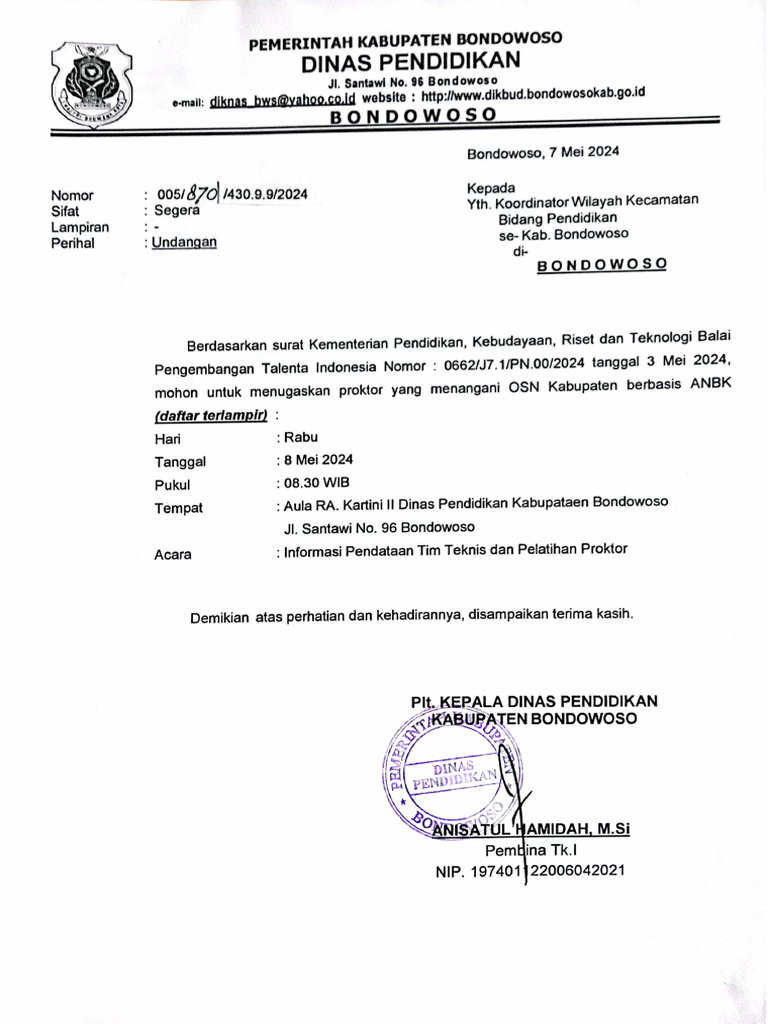 Undangan proktor osnk sd 2024 pdf