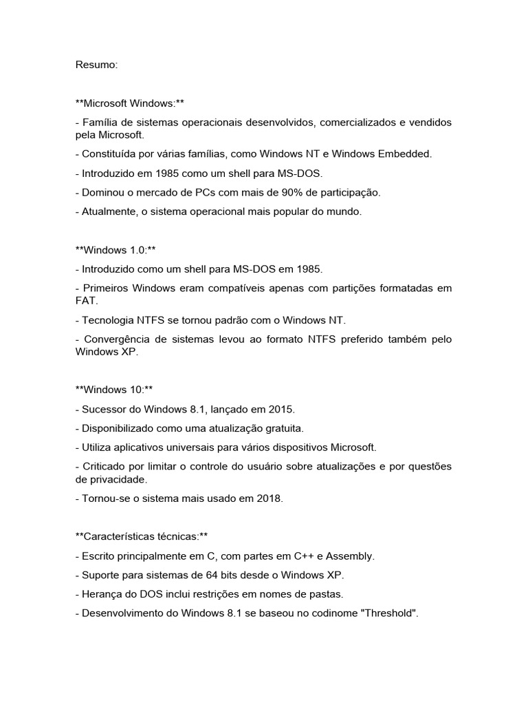 Principais Características do Microsoft Windows | PDF | Windows 10 ...