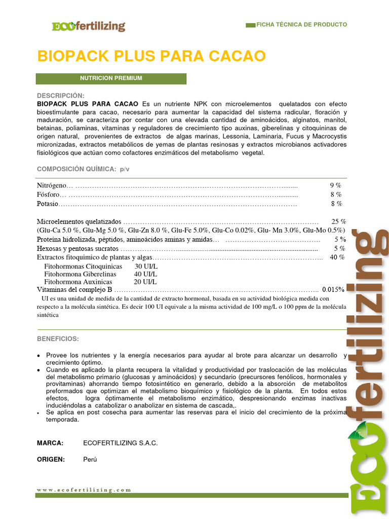 BioPack Plus: Nutriente para Cacao | PDF | Metabolismo | Nutrientes