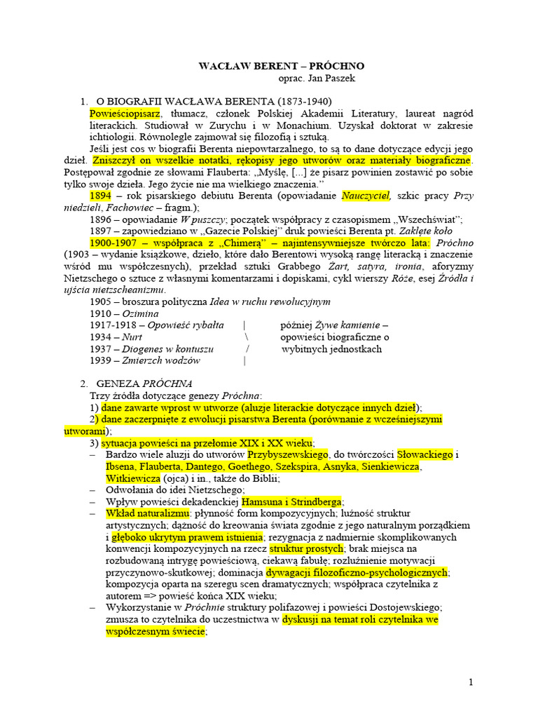 4.berent - Próchno (Opracowanie BN Streszczenie) | PDF