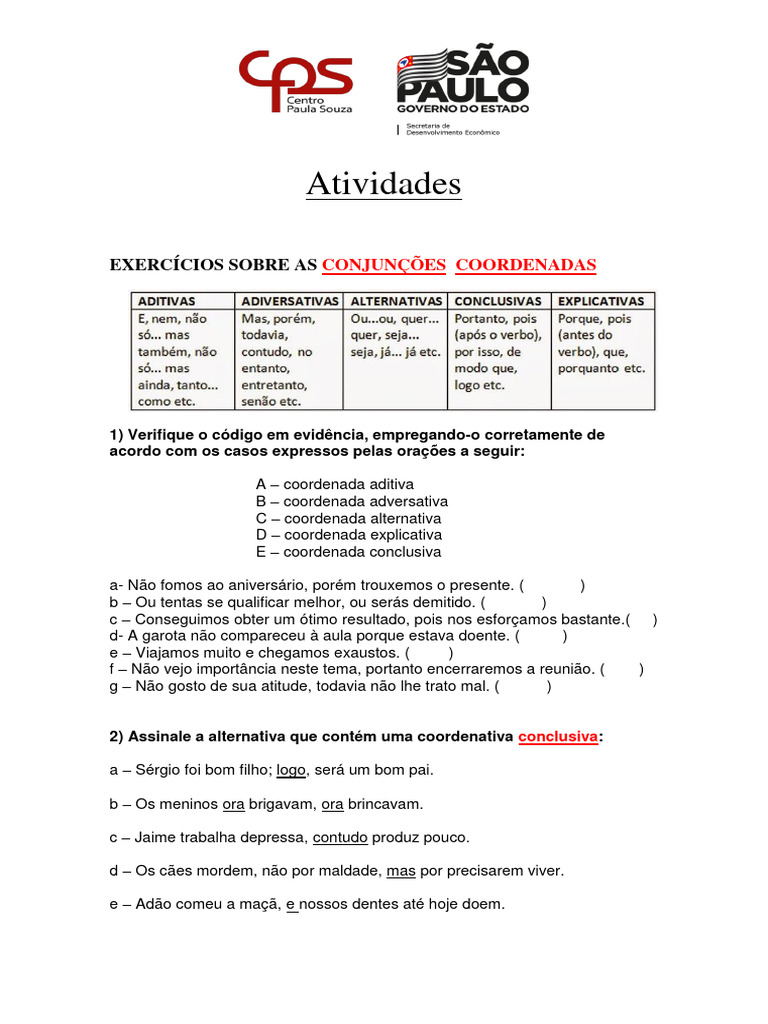 Exercícios sobre Conjunções Coordenadas | PDF