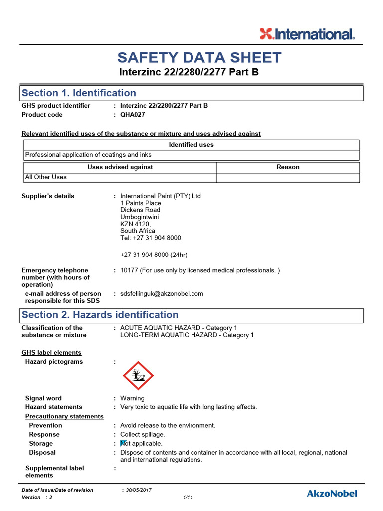 Interzinc 22/2280/2277 Part B Safety Data | PDF | Toxicity | Dangerous ...