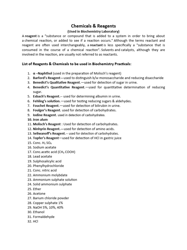 Biochemistry Laboratory Reagents List | PDF