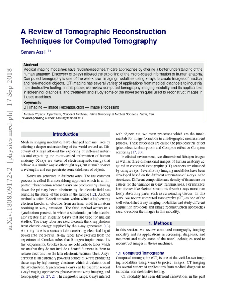 A Review of Tomographic Reconstruction Techniques For Computed ...