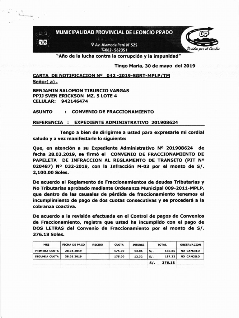 Carta de Notificacion #042-2019-SGRT-MPLP | PDF | Finanzas y dinero