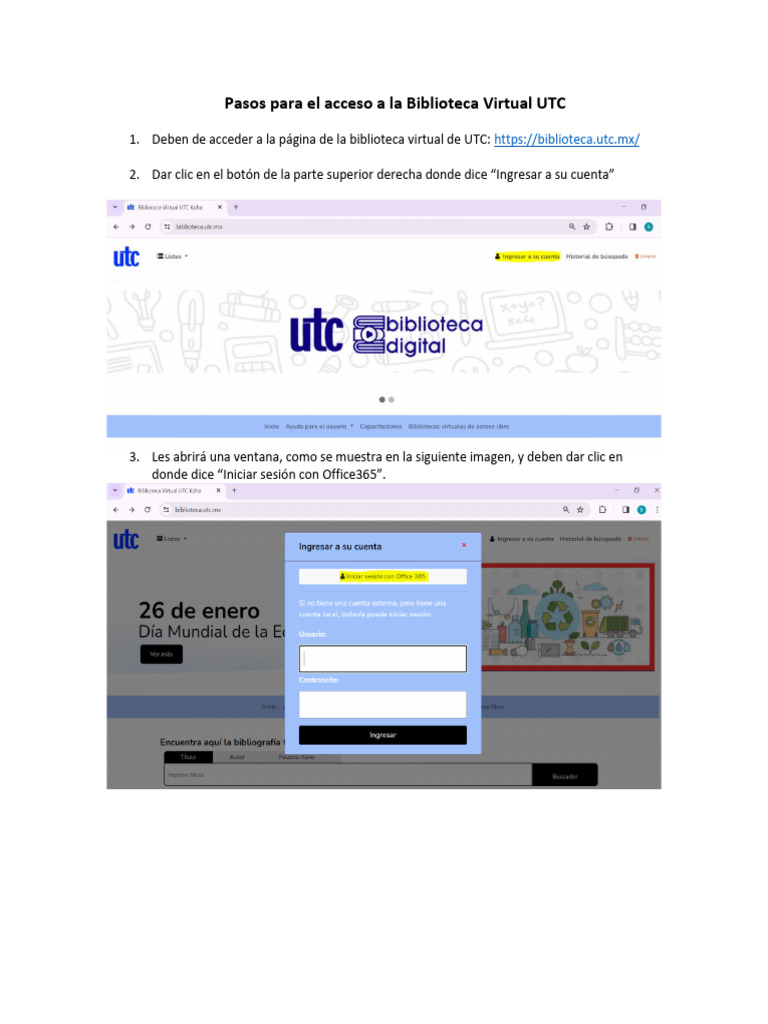 Pasos para El Acceso A La Biblioteca Virtual UTC | PDF