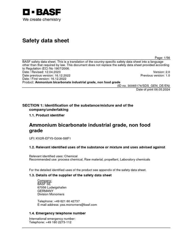 Ammonium bicarbonate i g 30065174 sds gen de en 2 0 pdf dangerous