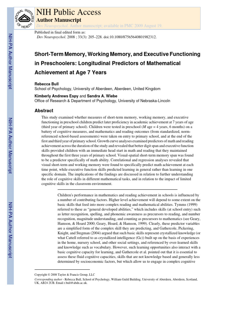 Short Term Memory, Working Memory, and Executive Functioning in ...