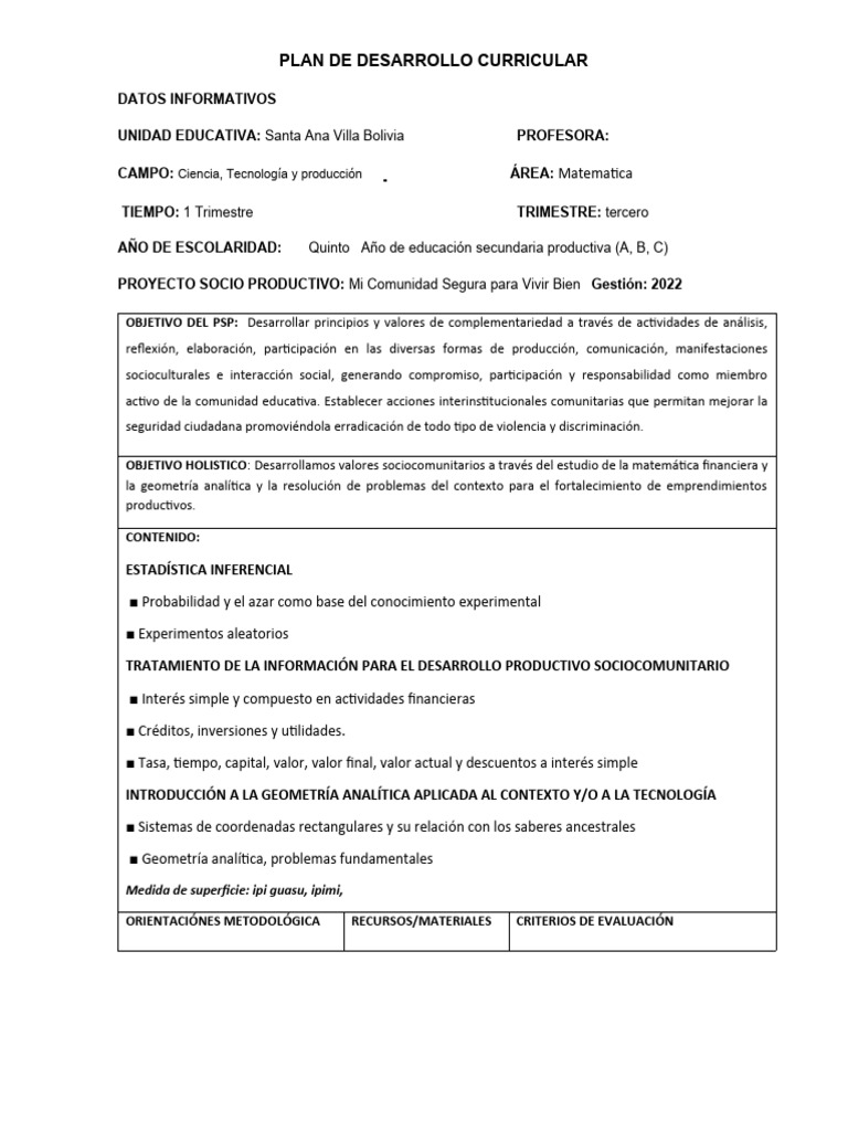 Plan de Desarrollo Curricular 1 Trimestre 2022 | PDF | Estadísticas ...
