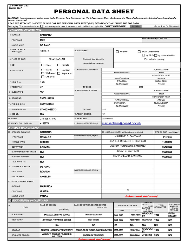 Personal Data Sheet CS Form No. 212 Revised 2017 | PDF