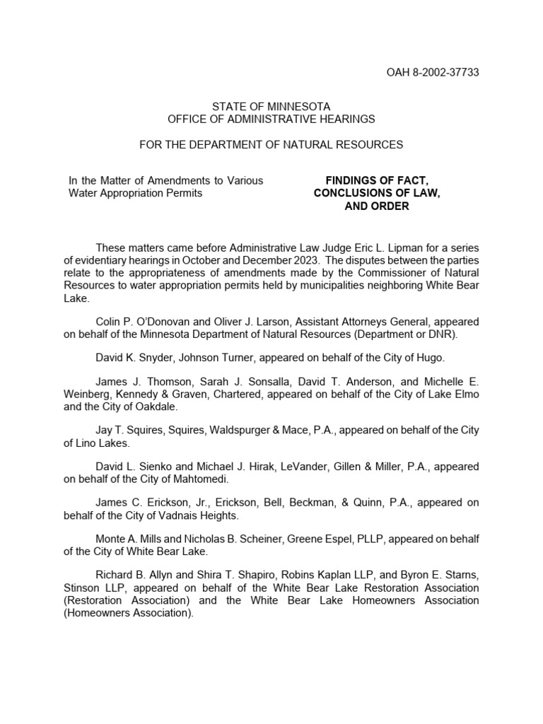 Water Permit Amendments for White Bear Lake | PDF | Littoral Zone | Appeal