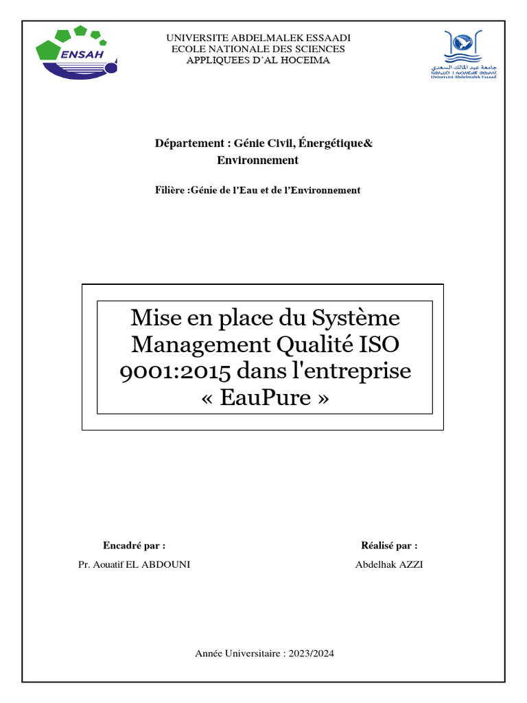 Mise en place ISO 9001:2015 chez EauPure | PDF | Système de management ...