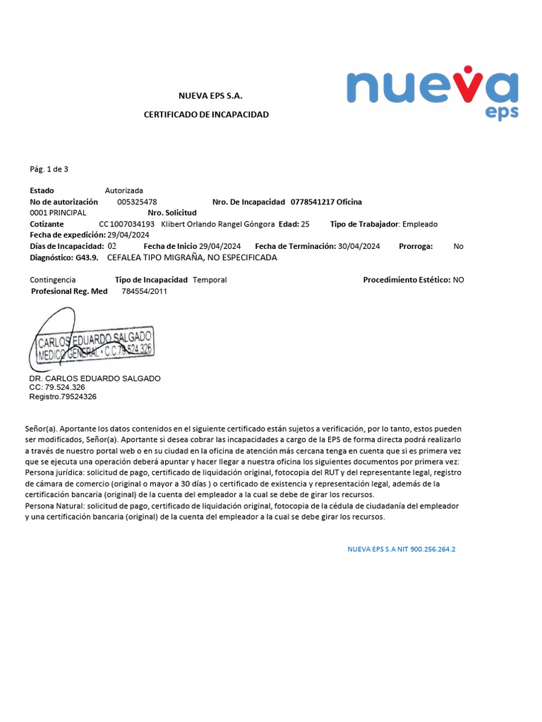 Certificado de Incapacidad Nueva EPS | PDF | Negocios | Derecho