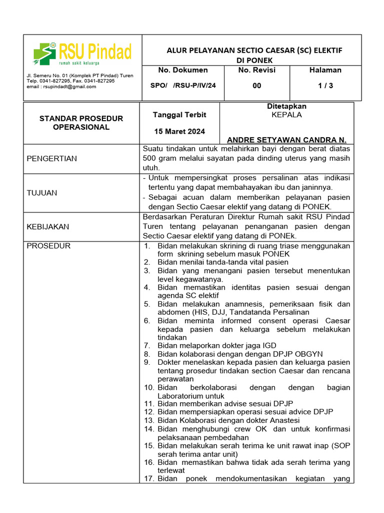 Prosedur Sectio Caesar Elektif di PONEK | PDF