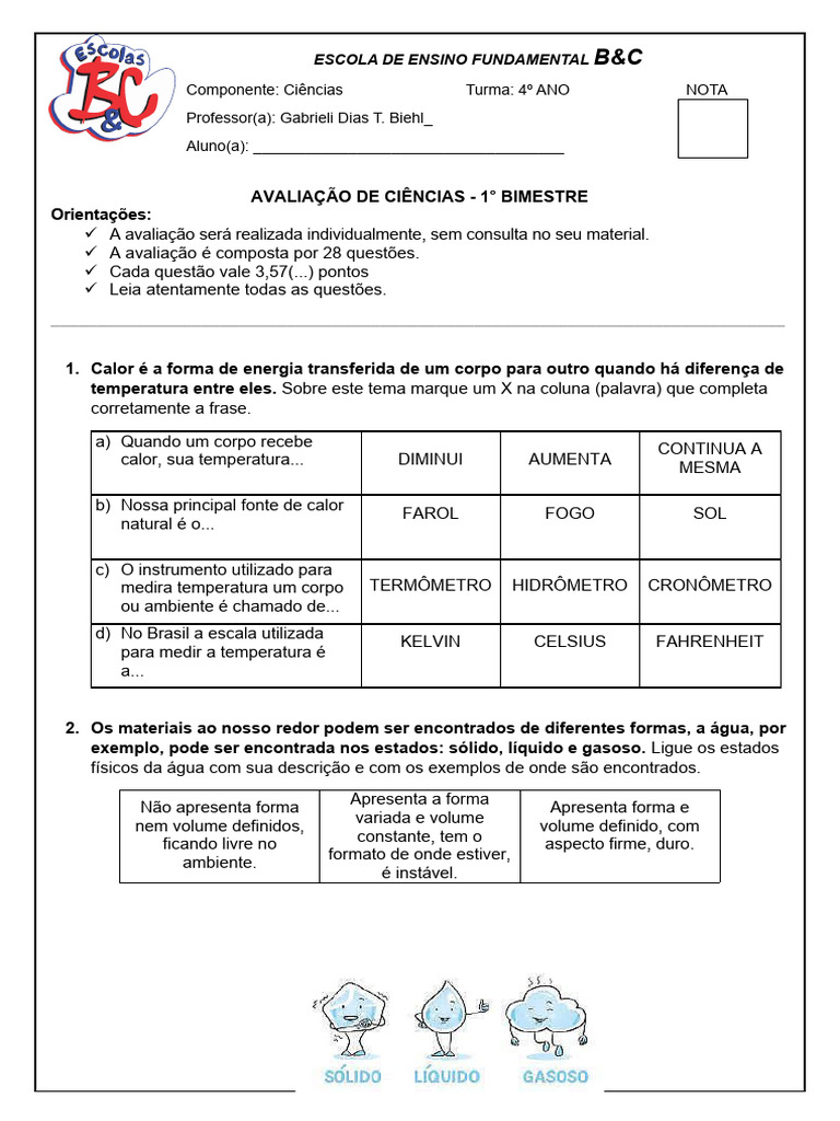 Avaliação de Ciências 4º Ano: Calor e Temperatura | PDF | Calor ...