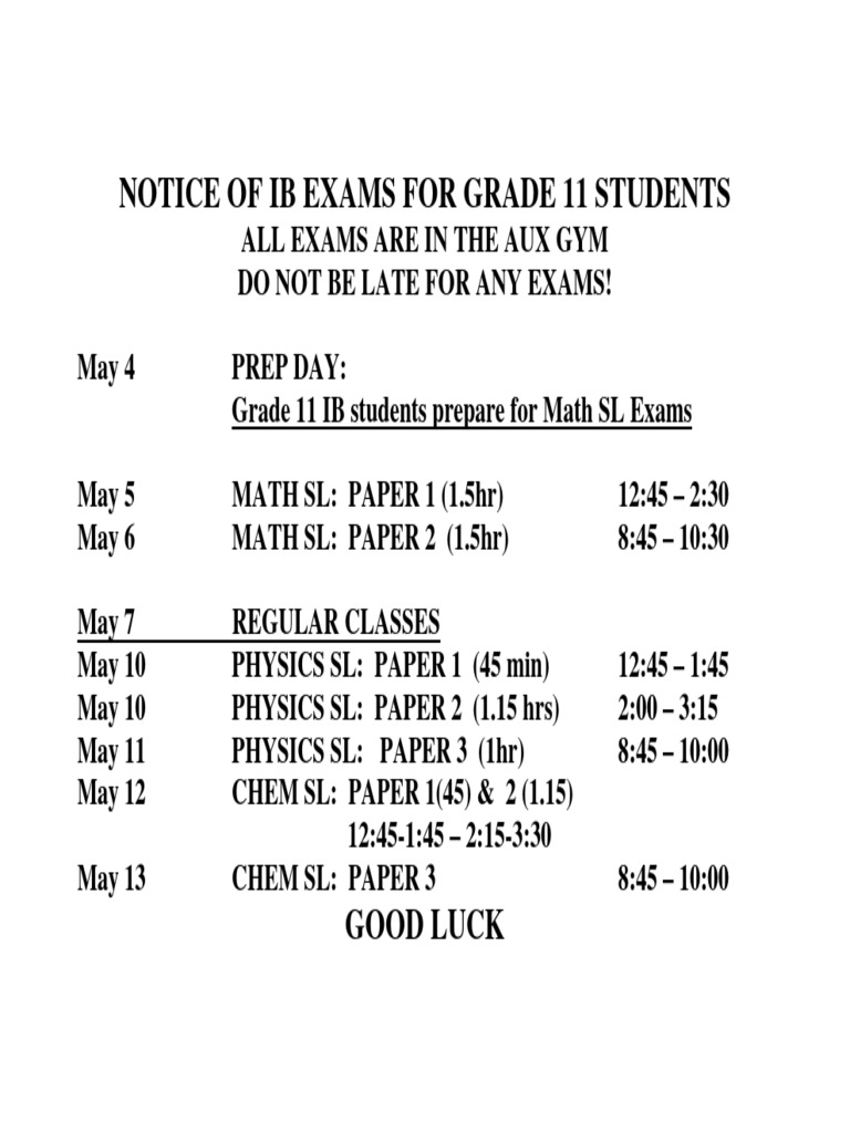 IB Exam Schedule for Grade 11 | PDF
