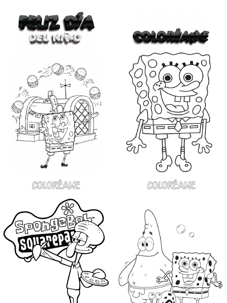 Portada de un cuadernillo para colorear de Bob Esponja, con varios personajes y escenas de la serie.