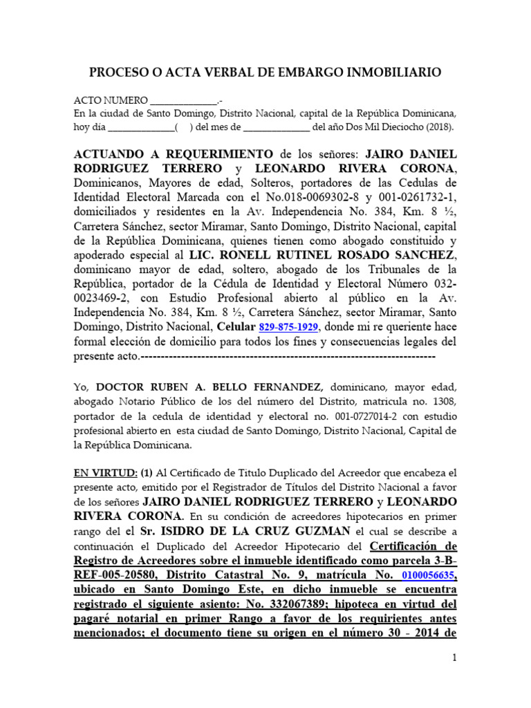 Acta de Embargo Inmobiliario RD | PDF