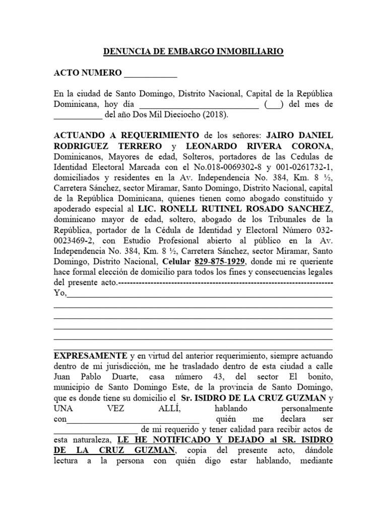 Embargo Inmobiliario Denuncia | PDF | República Dominicana