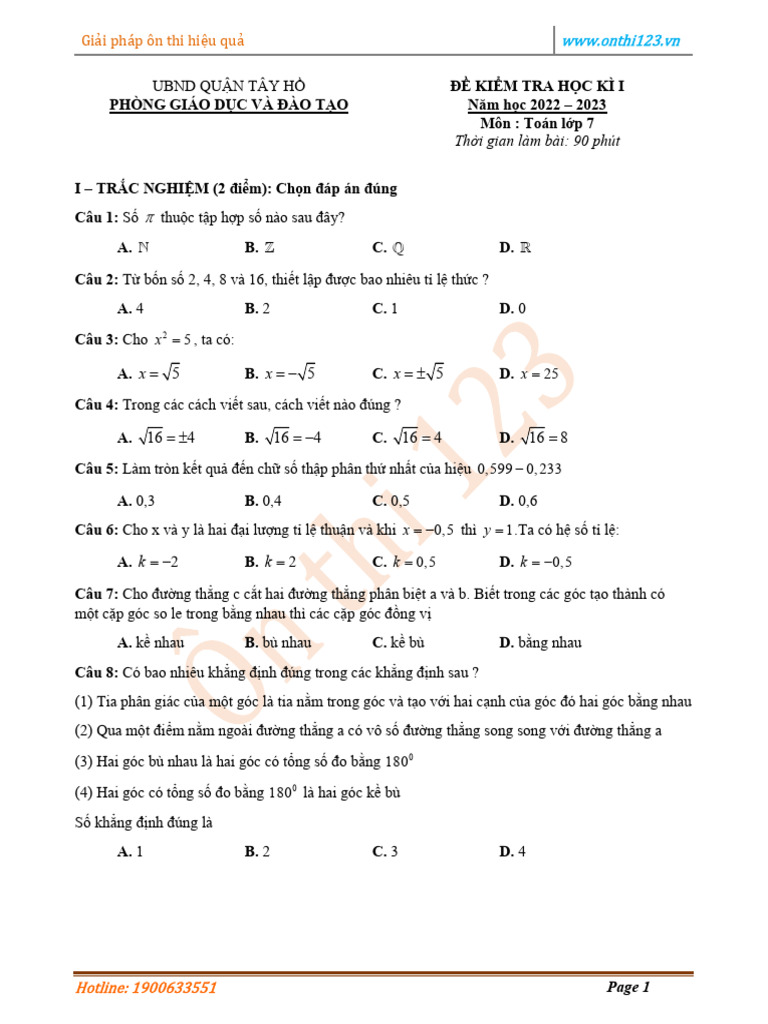 Toan 7 de Va Dap An hk1 Quan Tay Ho Lop 7 | PDF