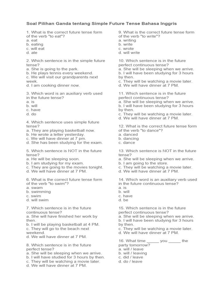 Soal pilihan ganda tentang simple future tense bahasa inggris pdf