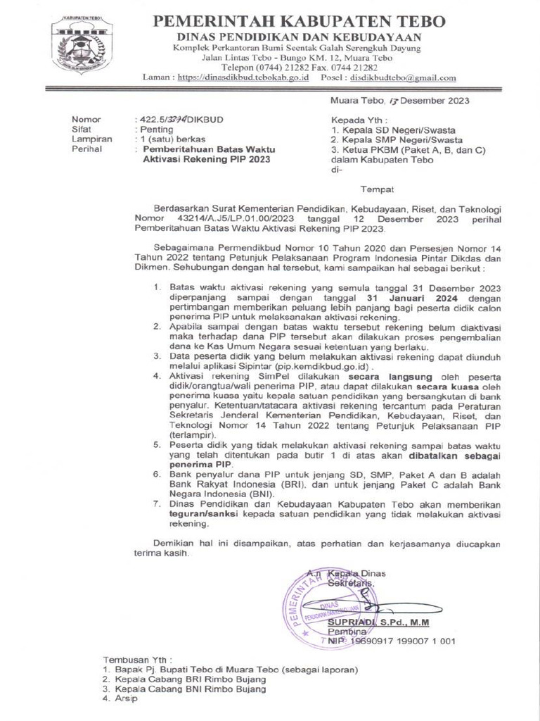 Surat Pemberitahuan Batas Waktu Aktivasi Rekening Pip Pdf