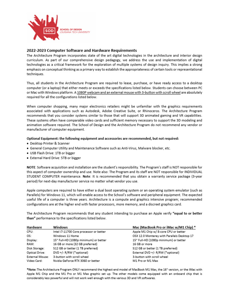 Architecture Program Tech Requirements | PDF | Autodesk | Operating System