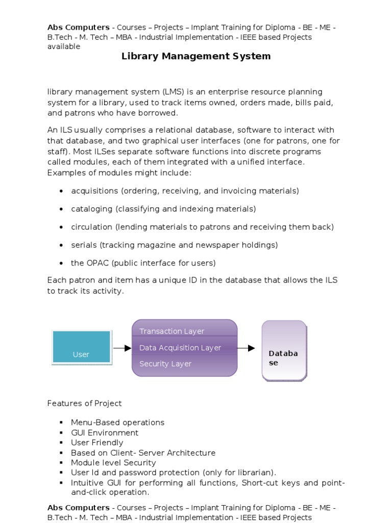 Library Management System Synopsis Abs Computers Courses