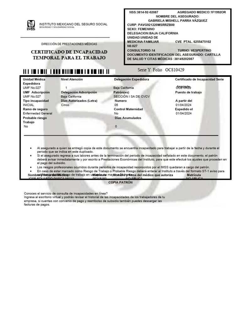 Certificado de Incapacidad IMSS 2024 | PDF | Medicina | Cuidado de la salud