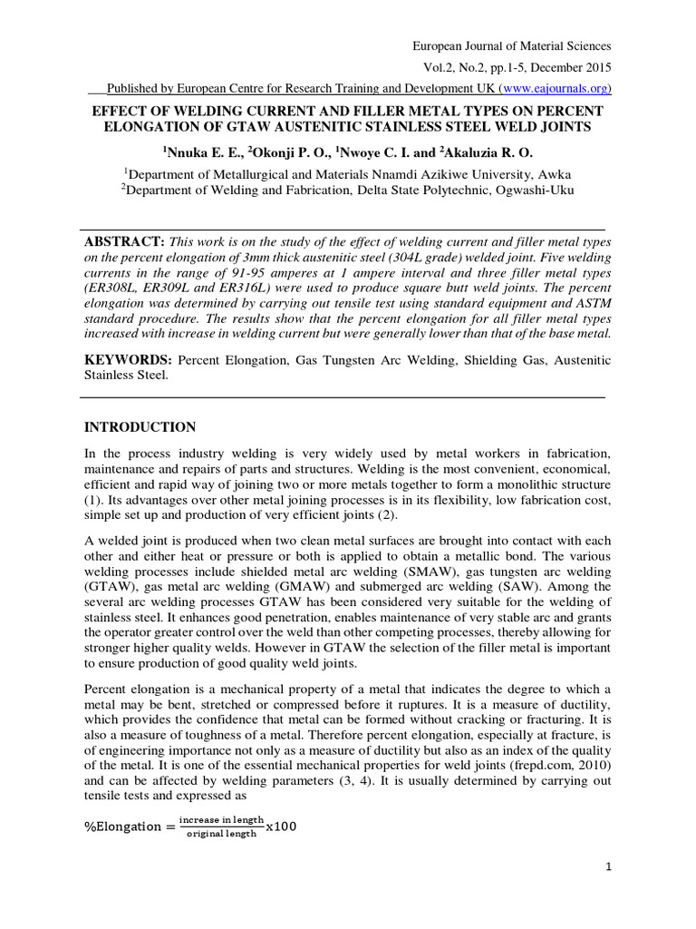 Effect of Welding Current and Filler Metal Types On Percent Elongation