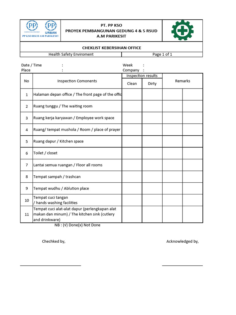 Office Cleanliness Inspection Checklist | PDF