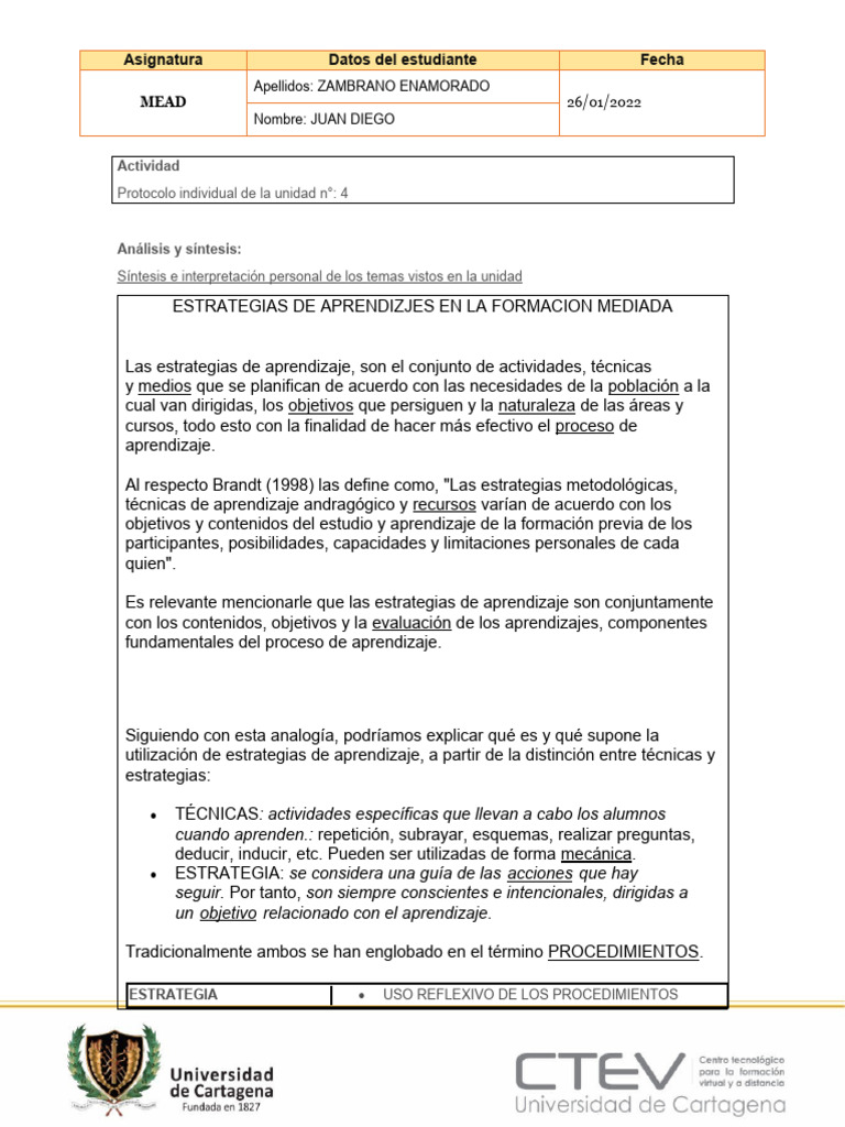 Estrategias de Aprendizajes Unidad #4 | PDF | Aprendizaje | Cognición
