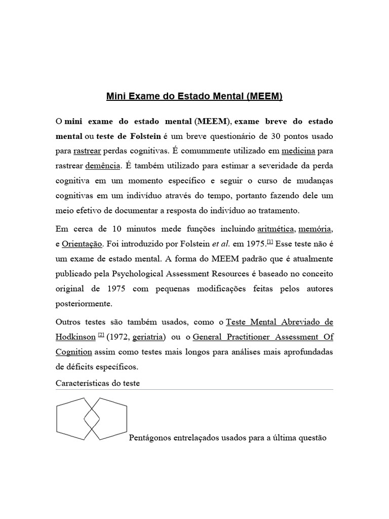 Mini Exame do Estado Mental (MEEM) | PDF | Testes psicológicos | Psicologia
