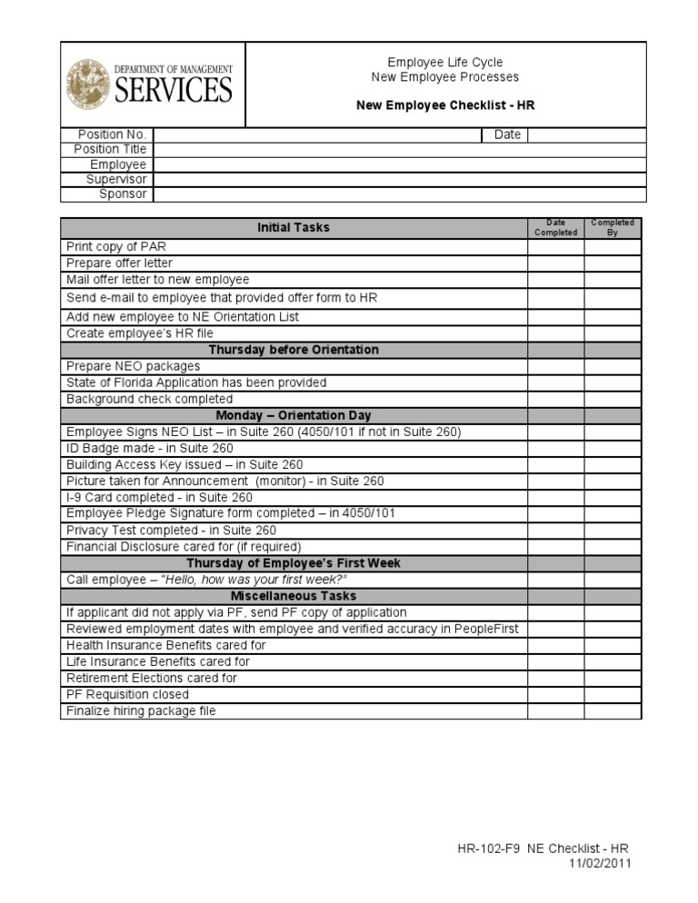 HR-102-F9 - NE Checklist - HR-11-02-11 | PDF