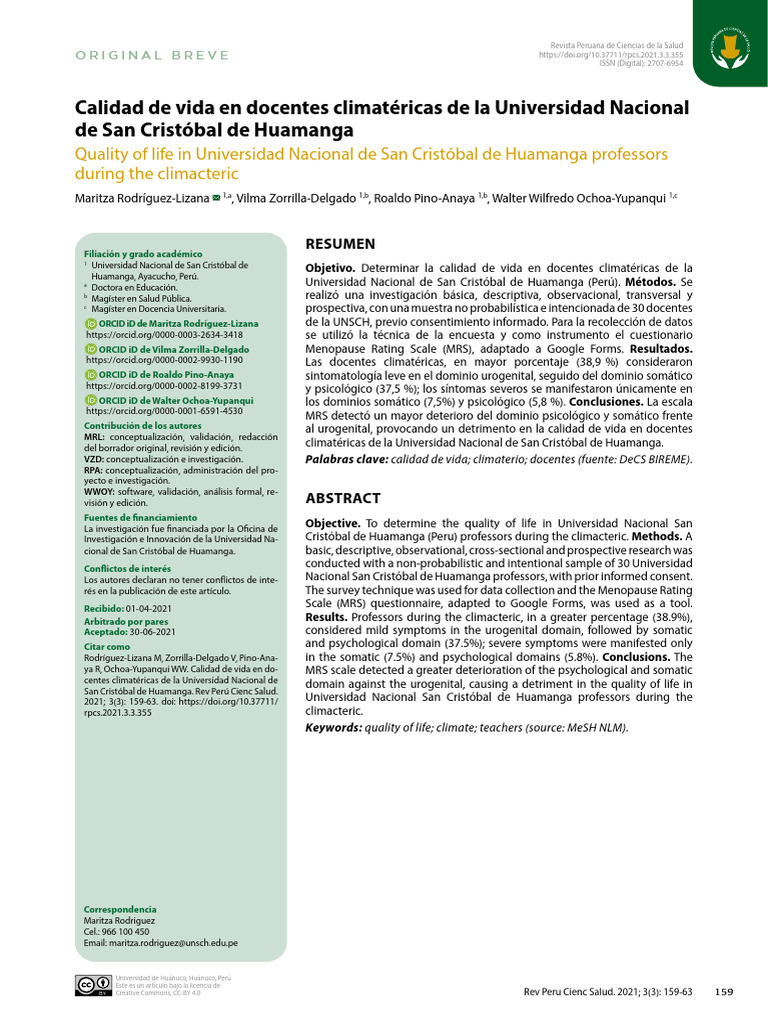 Calidad de Vida en Docentes Climatéricas de La Universidad Nacional de ...
