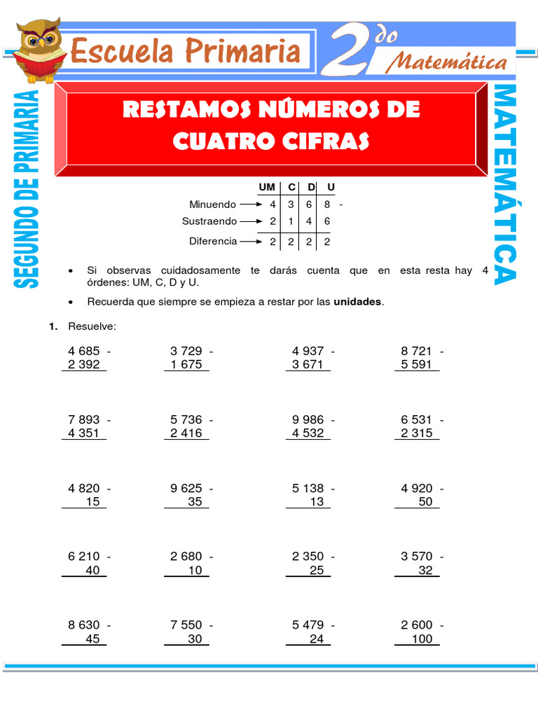 Resta de Cuatro Cifras para Segundo de Primaria | PDF | Aritmética ...