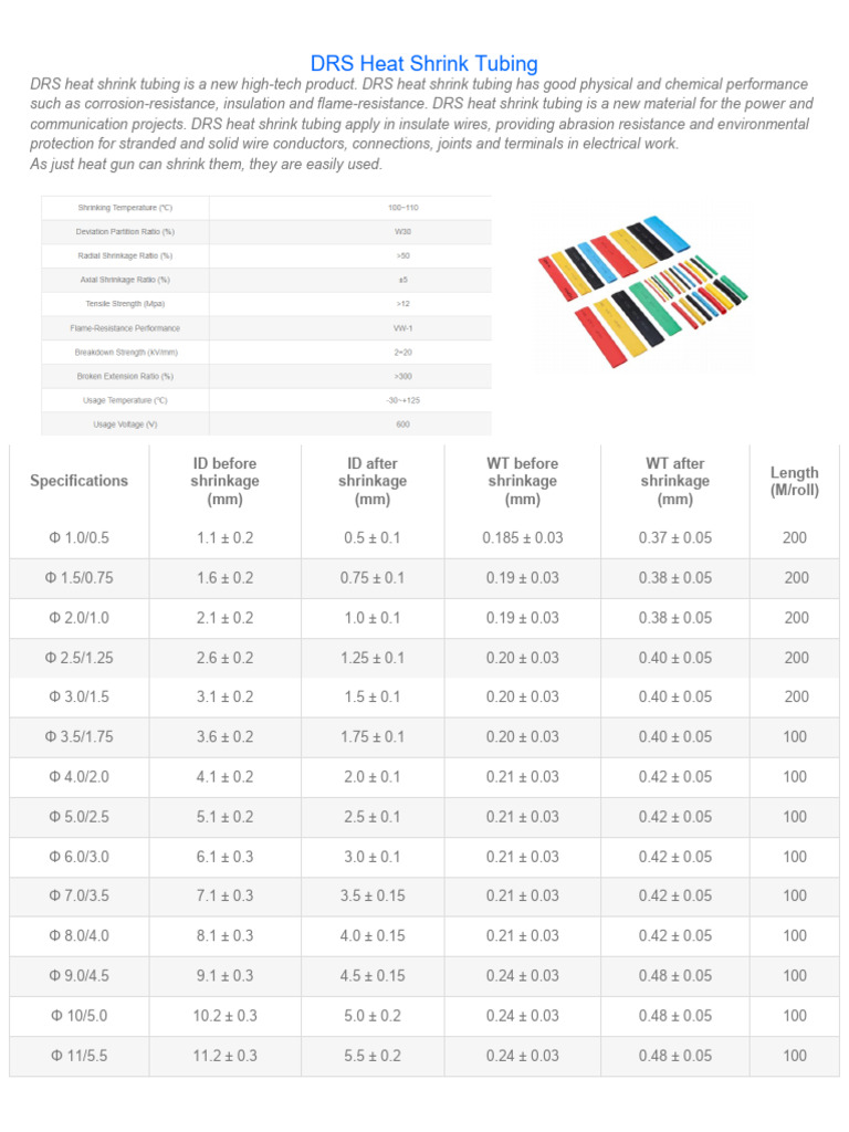 DRS Heat Shrink Tubing Specifications | PDF | Materials Science | Equipment