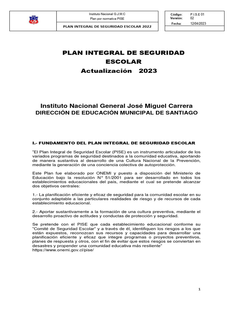 Plan Integral de Seguridad Escolar 2023 | PDF