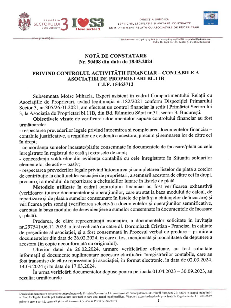 Asociatii de Proprietari - Nota de Constatare Control - 18 03 2024 | PDF
