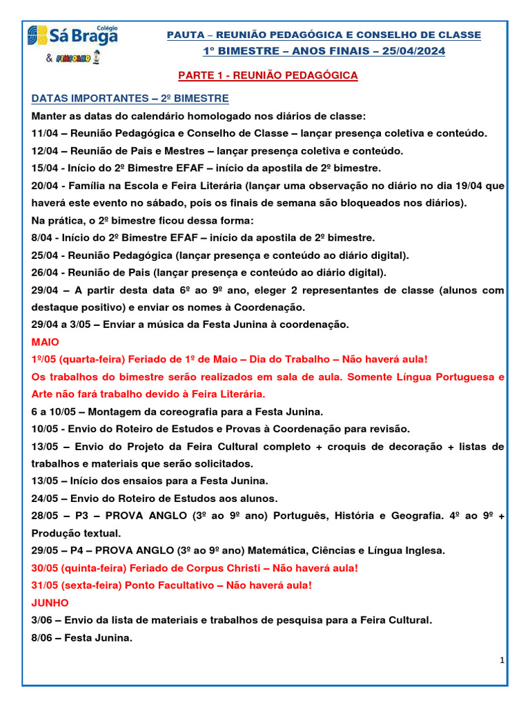 Pauta de Reunião Pedagógica 2024 | PDF | Aprendizado | Lição